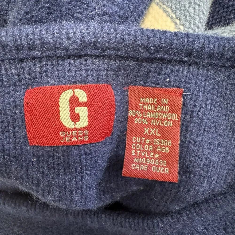 Vintage 90s Y2K Guess Sweater Mens XXL Stripe Blue White Lambswool Knit Jumper
